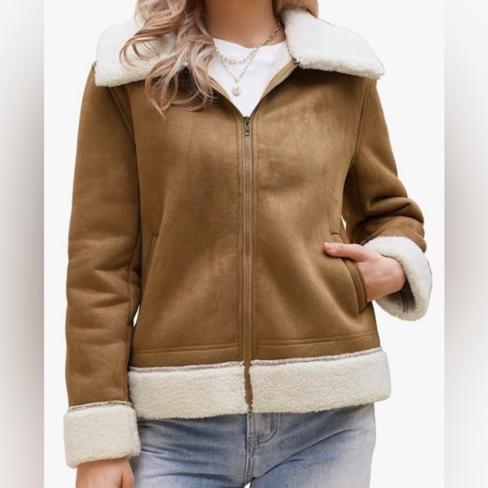 Allegra K Faux Suede Jacket for Women Brown with Sherpa Size Large New with Tags